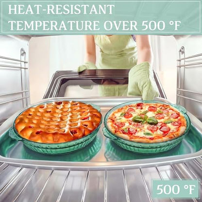 Mifoci 2 Pack Green Glass Pie Dish, 8 Inch Round Deep Plate, Tempered Glass Baking Dish, Non Toxic, Oven and Dishwasher Safe, Ideal for Baking Pies, Quiche and Desserts