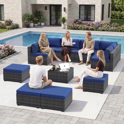 Aoxun Patio Furniture Sets, 11-Piece Outdoor Furniture with Ottoman, Wicker Conversation Set Sectional Sofa for Backyard, Poolside, Garden