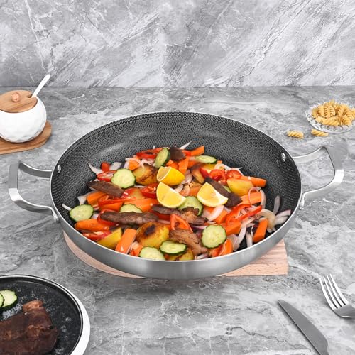 Inqibee 14-Inch Hybrid Tri-Ply Stainless Steel Paella Pan with Lid, Ceramic Non Stick Large Skillet, Induction Cooking Pan, Anti-Scratch, Dishwasher and Oven Safe