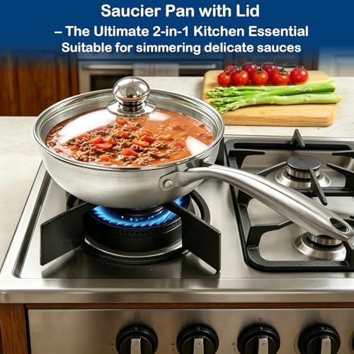 1 Quart Saucepan with Lid, 7Inch Mini Saucepan for 1 Person, Stainless Steel Saucier Pan Small Pot for Milk, Oatmeal & Noodles, 900ML