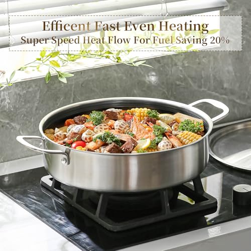 DELARLO Tri-Ply Stainless Steel Braiser Pan with Lid Nonstick 6 Quart Cooking Pot Induction Rondeau Deep Frying Pan,Large Saute Pan,Heavy Duty,Dishwasher and Oven Safe to 550℉