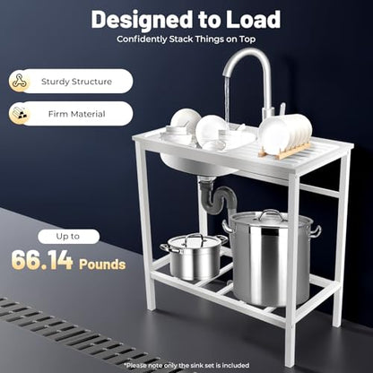KWCWB Utility Sink,Outdoor Sink,Free Standing Stainless Steel Laundry Tub,with Cleaning Table&Storage Shelves for Garage, Restaurant, Kitchen,Camping, Backyard