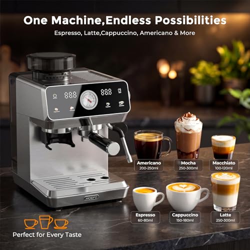 MOEFO Espresso Machine with Grinder, 20-Bar Programmable Semi-Automatic Coffee Maker, Visual Pressure Gauge & Touchscreen, Compact Design with Tamper, Make Americano, Latte, Silver