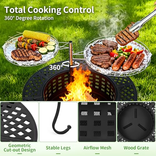 FDW 36 Inch Fire Pit with 2 Adjustable Grills,Wood Burning Fire Pits for Outside with Lid & Fire Poker, BBQ& Outdoor Firepit & Round Metal Table 3 in 1 for Patio, Picnic, Party