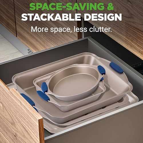 NutriChef 8-Piece Nonstick Bakeware Set - Heavy Duty Carbon Steel Baking Pans w/ Blue Silicone Handles - Pizza Crisper, Muffin & Loaf Pan, Round & Square Pans, Cookie Sheet - Champagne Gold