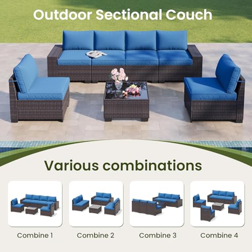 OUGMMGOU 7-Piece Outdoor Patio Furniture Set, 6-Seat All-Weather PE Rattan Wicker Patio Sectional Furniture Set with Coffee Table, 450 lb Capacity