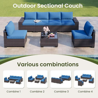 OUGMMGOU 7-Piece Outdoor Patio Furniture Set, 6-Seat All-Weather PE Rattan Wicker Patio Sectional Furniture Set with Coffee Table, 450 lb Capacity