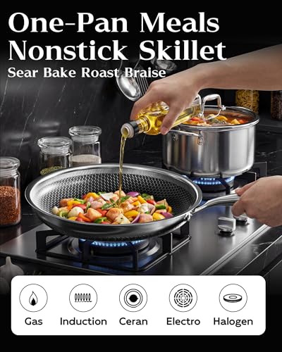 XBM Nonstick Frying Pan with Lid 7-Inch, Durable Stainless Steel Skillet, Induction Cooktop Compatible, PFOA-Free Scratch-Proof, Dishwasher & Oven Safe, Stay-Cool Handle, Silver Kitchen Cookware