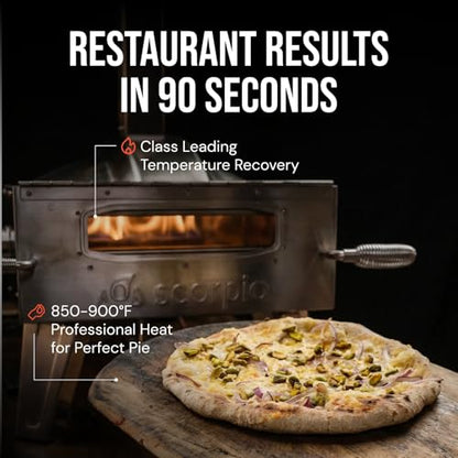 SCORPIO Pizza Oven - Dual Fuel Wood & Propane Portable Outdoor Pizza Oven with 16” Rotating Stone - 90 Second Cook at 850-900°F- Ultra Durable 304 Stainless Steel - Ceramic Viewing Window