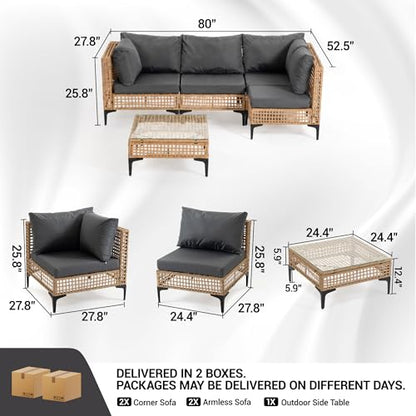 WiNVO 5-Piece Outdoor Wicker Patio Sectional Furniture Set, Grey
