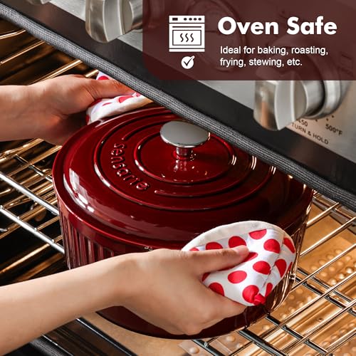 SENSARTE Enameled Cast Iron Dutch Oven Pot with Lid 3.5/5.5/6.5 Quart Heavy-Duty Round Dual Handles Kitchen Pot with Cotton Potholders & Silicone Trivet, Pot for Bread Baking, Stews, Braising, Roasting, Oven Safe, 6.5 Quart, Red
