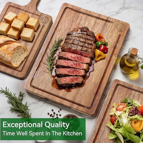 Acacia Wood Cutting Board Set of 3 – Non-Toxic & Pre-Oiled Cutting Boards for Kitchen, Chopping Boards with Holder, Juice Groove, Reversible Serving Board, Labeled Icons for Meat Cheese Vegetables