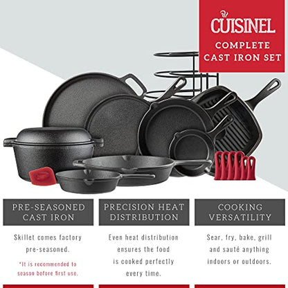 Cast Iron Cookware 18-Piece Set - Pre-Seasoned 6" + 8" + 10" + 12" Skillet + Grill Pan+Lid + Griddle + Pizza Pan + Dutch Oven+Cover/Pan + Panrack + Silicone Handle Cover + Pan Scraper/Cleaner