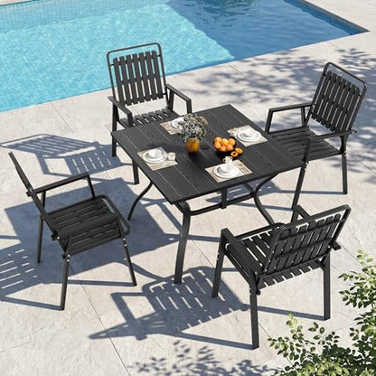 CHINNLUU 5 Piece Outdoor Dining Set 37.8'' Square Black Table and Chairs for 4, All Weather Patio Furniture Set with 1.97'' Umbrella Hole Metal Dining Set for Deck Backyard Pool
