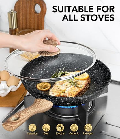 MICHELANGELO 10 Inch Frying Pan with Lid, Nonstick Frying Pan with Healthy Granite Coating, Nonstick Pan with Anti-Scald Handle, Induction Compatible
