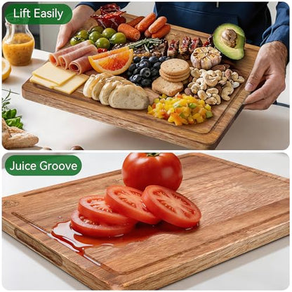Acacia Wood Cutting Board Set of 3 – Non-Toxic & Pre-Oiled Cutting Boards for Kitchen, Chopping Boards with Holder, Juice Groove, Reversible Serving Board, Labeled Icons for Meat Cheese Vegetables