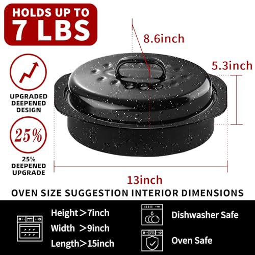 DIMESHY 13Inch Roasting Pan, Enamel on Steel, Black Covered Oval Roaster Pan with Lid, Small Cookware for Turkey, Small Chicken, Roast Baking Pan.