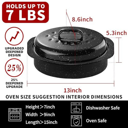 DIMESHY 13Inch Roasting Pan, Enamel on Steel, Black Covered Oval Roaster Pan with Lid, Small Cookware for Turkey, Small Chicken, Roast Baking Pan.