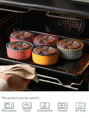 DOWAN 6 oz Ramekins with Lids Oven Safe for Creme Brulee Souffle, Ceramic Custard Cups for Baking, Small Bowls for Pudding Dip Ice Cream, Set of 6, Vibrant Colors