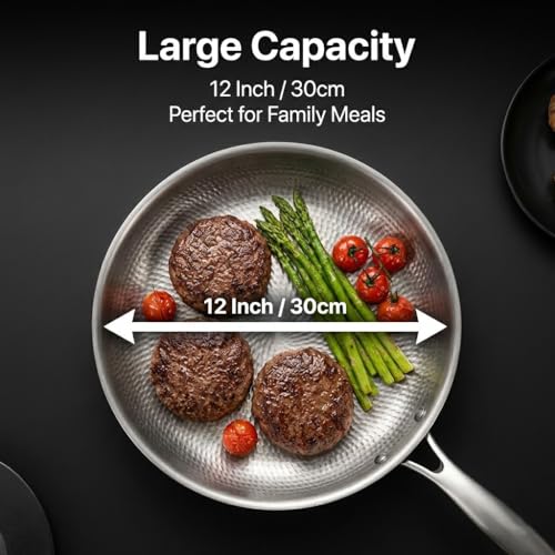 Pexucalm Titanium Frying Pan with Lid, 12" Uncoated Hammered Skillet for Cooking, PFAS/PFOA/PTFE Free Nonstick Cookware, Scratch Resistant, for Induction & Gas, Oven, Dishwasher Safe