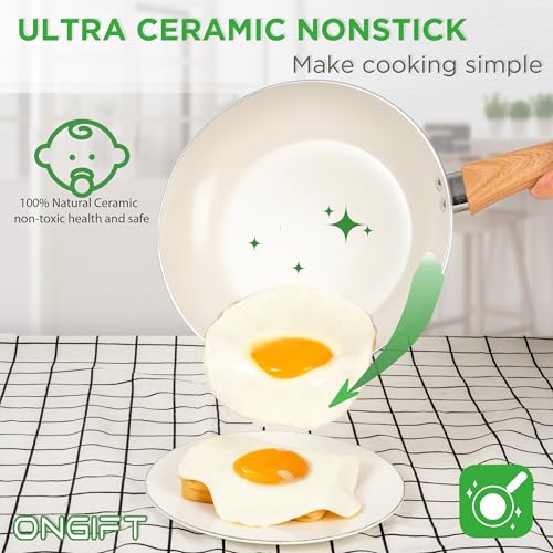 ONGIFT 23 Pcs Pots and Pans Set Nonstick, Kitchen Cookware Sets, with Frying Pan, Saucepan, Saute Pan, Lightweight Cooking Set with Stay-Cool Wood Print Handles, NO PFAS and PFOA, Light Wood