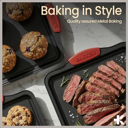 BAKKEN Kitchen Baking Pans - Medium (15.15 × 10.03") and Large (17.1 x 11.8") Nonstick Sheets, Carbon Steel Cookie Sheets with Red Silicone Handles, PFOA, PFOS, PTFE Free, Oven Safe (450°F), Set of 2