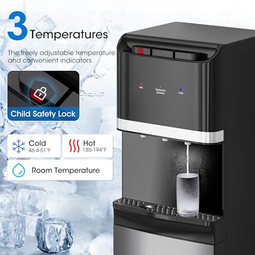 Tehanld Bottom Loading Water Cooler Dispenser for 5 Gallon Bottles,Stainless Steel Water Cooler with 3 Temperature -Hot, Cold & Room,Child Safety Lock,Ideal for Home and Office, Matte Black