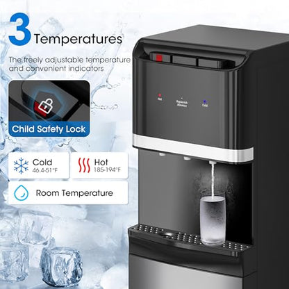 Tehanld Bottom Loading Water Cooler Dispenser for 5 Gallon Bottles,Stainless Steel Water Cooler with 3 Temperature -Hot, Cold & Room,Child Safety Lock,Ideal for Home and Office, Matte Black