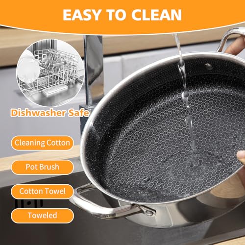 Toutrop Stainless Steel 7QT Saute Pan 14 Inch Deep Frying Pan with Lid Nonstick,Hybird Induction Cooking Pan,PFOA Free Cookware,Large Skillets
