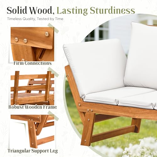 Flamaker Outdoor Couch with Adjustable Armrests, Acacia Wood Patio Loveseat with Soft Cushions, Convertible Patio Furniture for Balcony, Porch, Backyard (White)