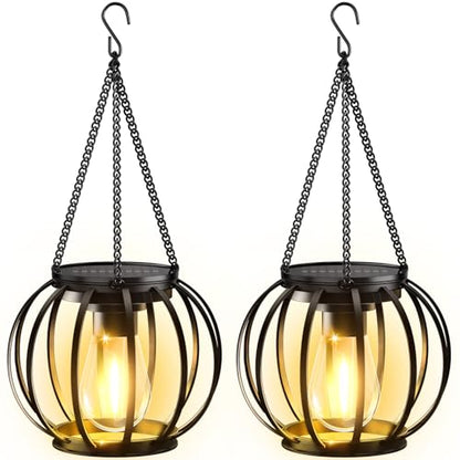 KOOPER Solar Lanterns Outdoor Waterproof, Upgraded Metal Hanging Solar Lights Outdoor Lanterns, Brighter Auto On/Off Outdoor Hanging Lantern for Yard Patio Pathway Porch Garden Decor 2 Pack