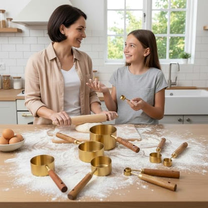 PercyEffie 8 Pcs Gold Measuring Cups and Spoons Set, Stainless Steel Measuring Cups with Wood Handles, 4 Stackable Wooden Measuring Cups and 4 Measuring Spoons Set for Kitchen Cooking and Baking