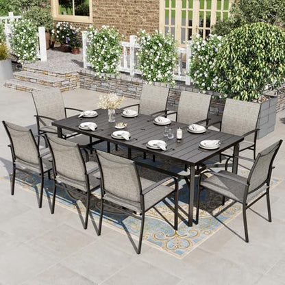 HERA'S HOUSE 9 Pieces Patio Dining Set, 8 x Brown Textilene Patio Chairs and 1 x 83 Large Rectangle Dining Table, Outdoor Furniture Set for Deck Garden Backyard Lawn Poolside