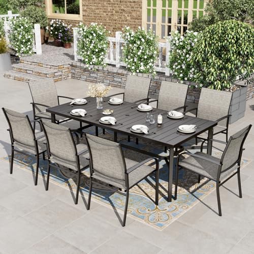 HERA'S HOUSE 9 Pieces Patio Dining Set, 8 x Brown Textilene Patio Chairs and 1 x 83 Large Rectangle Dining Table, Outdoor Furniture Set for Deck Garden Backyard Lawn Poolside