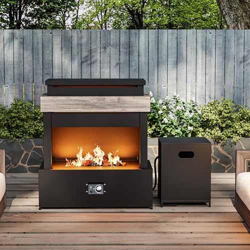 MaxMulti Outdoor Propane Fireplace w Tank Table, 50,000 BTU Gas Fire Pit with Ceramic Logs, Rain Cover, 35 Inch Steel Metal Smokeless Fireplace for Patio, Deck, CSA Certified (35 x 40 Inch)