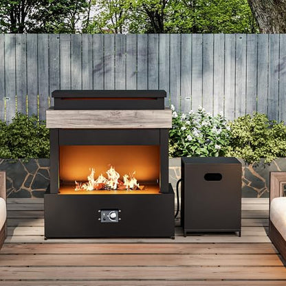 MaxMulti Outdoor Propane Fireplace w Tank Table, 50,000 BTU Gas Fire Pit with Ceramic Logs, Rain Cover, 35 Inch Steel Metal Smokeless Fireplace for Patio, Deck, CSA Certified (35 x 40 Inch)