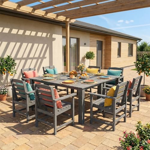 PamapicLife Outdoor HDPE Dining Table Set, 10-Piece Outdoor Dining Table Sets, Wood Grain Patio Furniture Sets with Umbrella Hole for Porch, Backyard, Gray