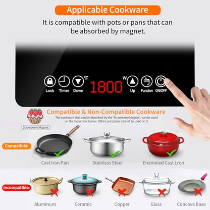 Portable Induction Burner, 1500W Electric Induction Countertop Burner with Touch Panel, Power & Temp Adjustable, Hot Plate Cooker with 3-Hour Timer