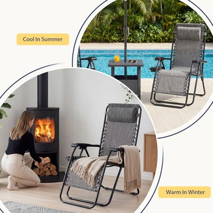 Sweetcrispy Zero Gravity Chairs, Set of 4 Portable Recliner Beach Camping Patio Outdoor Folding Lounge Chair with Cup Holder Trays and Adjustable Pillow for Poolside, Garden, Backyard, Lawn (Grey)