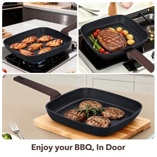 PRAMEDIA 9Pcs Pots and Pans Set Nonstick,Induction Cookware Set Kitchen Cooking Sets,Healthy Non-Toxic Pots and Pan set,Non Stick with Grill Pan& Stay-Cool Handles (PFOS, PFOA Free),Black