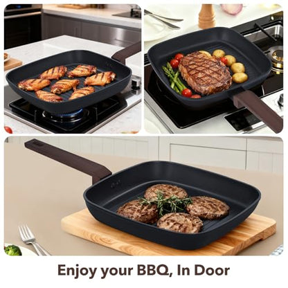 PRAMEDIA 9Pcs Pots and Pans Set Nonstick,Induction Cookware Set Kitchen Cooking Sets,Healthy Non-Toxic Pots and Pan set,Non Stick with Grill Pan& Stay-Cool Handles (PFOS, PFOA Free),Black