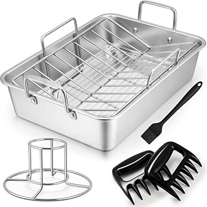 TeamFar Roasting Pan, Large Turkey Roaster Pan Stainless Steel with V Rack & Cooling Rack, Beer Can Chicken Holder & Meat Claws for Shredding & Silicone Brush, Healthy & Dishwasher Safe - 7 Pcs