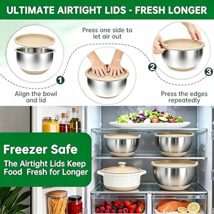 Deedro Premium Mixing Bowls with Airtight Lids Set, 22Pcs Thicker Stainless Steel Mixing Bowl Set, Large Prep Metal Bowls, Non-Slip Silicone Base Nesting Bowls for Kitchen, 1.5/2/3/4/5 QT, Khaki