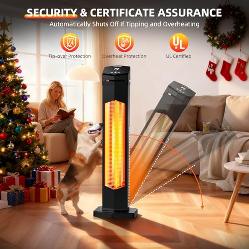 1500W Electric Patio Heater, 36inch Infrared Heater with Remote, IPX5 Waterproof Infrared Tower Space Heater, 2 Heat Levels, 12H Timers, Tip-Over & Overheat Protection for Garage, Indoor, Home