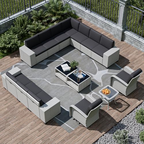 wallowsun 15-Piece Outdoor Patio Furniture Set, Modular Sectional Sofa Set with Swivel Rocker Chairs, Wicker Outdoor Couch Conversation Sets w/Coffee Table and Cushions, Black