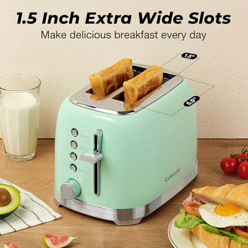 Culinaid Toaster 2 Slice Retro Stainless Steel with 1.5” Extra Wide Slots Bagel, Defrost, Reheat, Cancel Functions, 6 Bread Shade Settings, Removable Crumb Tray, Aqua Green
