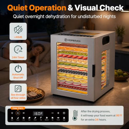 HOPERAN 14-Tray Food Dehydrator with 10 Presets, Stainless Steel, 840W