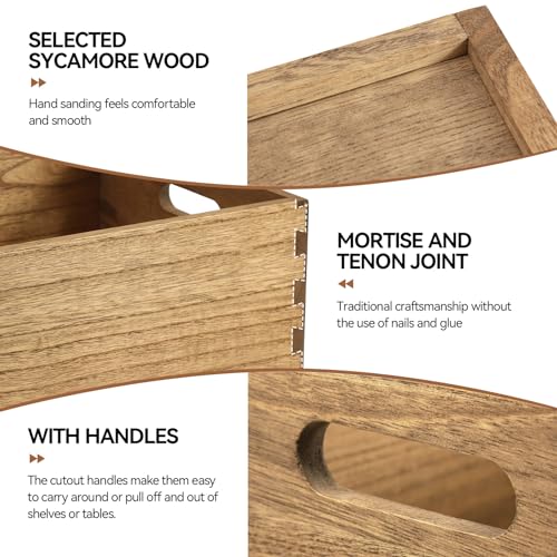 KIRIGEN Nesting Wooden Crates with Portable Handles for Home Organizer - Wood Rustic Decor Farmhouse Boxes / Basket Rolling Trays set of 3 Dark Brown