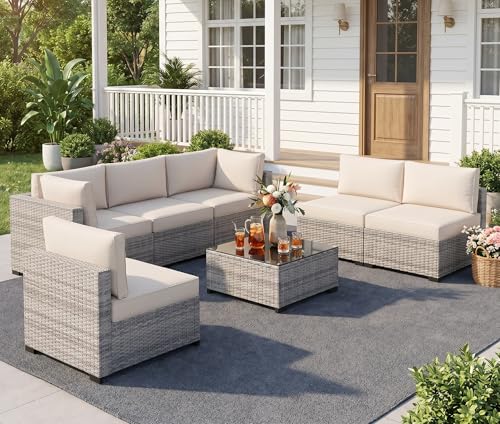 LOUVIXA 7 Piece Outdoor Patio Furniture Set, Outdoor Sectional Sofa, Wicker Rattan Patio Furniture, Patio Conversation Set with Coffee Table & Cushions