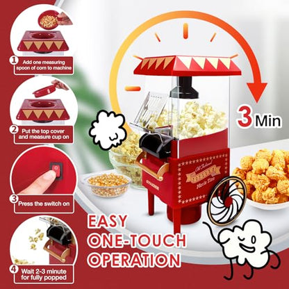 GVAKMM Popcorn Machine, Hot Air Popcorn Maker Kit Gift Box, Portable Home Popcorn Popper Machine, 10-Cup,Oil-Free,Retro Style,Compact and Cute